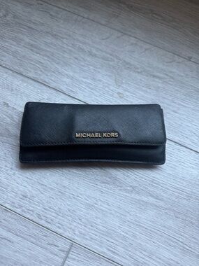 Michael Kors Black Leather Folded Continental Wallet with Gold Logo